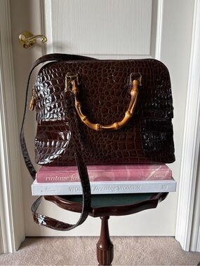 Vintage Dark Brown Croc-Embossed Pleather Satchel with Bamboo Handles